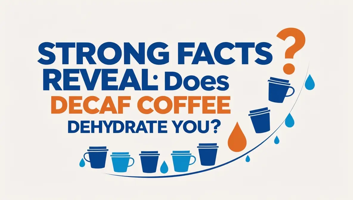 Informational graphic with text 'Strong Facts Reveal: Does Decaf Coffee Dehydrate You?' in blue and orange typography, decorated with coffee cup icons and water droplets on a light background