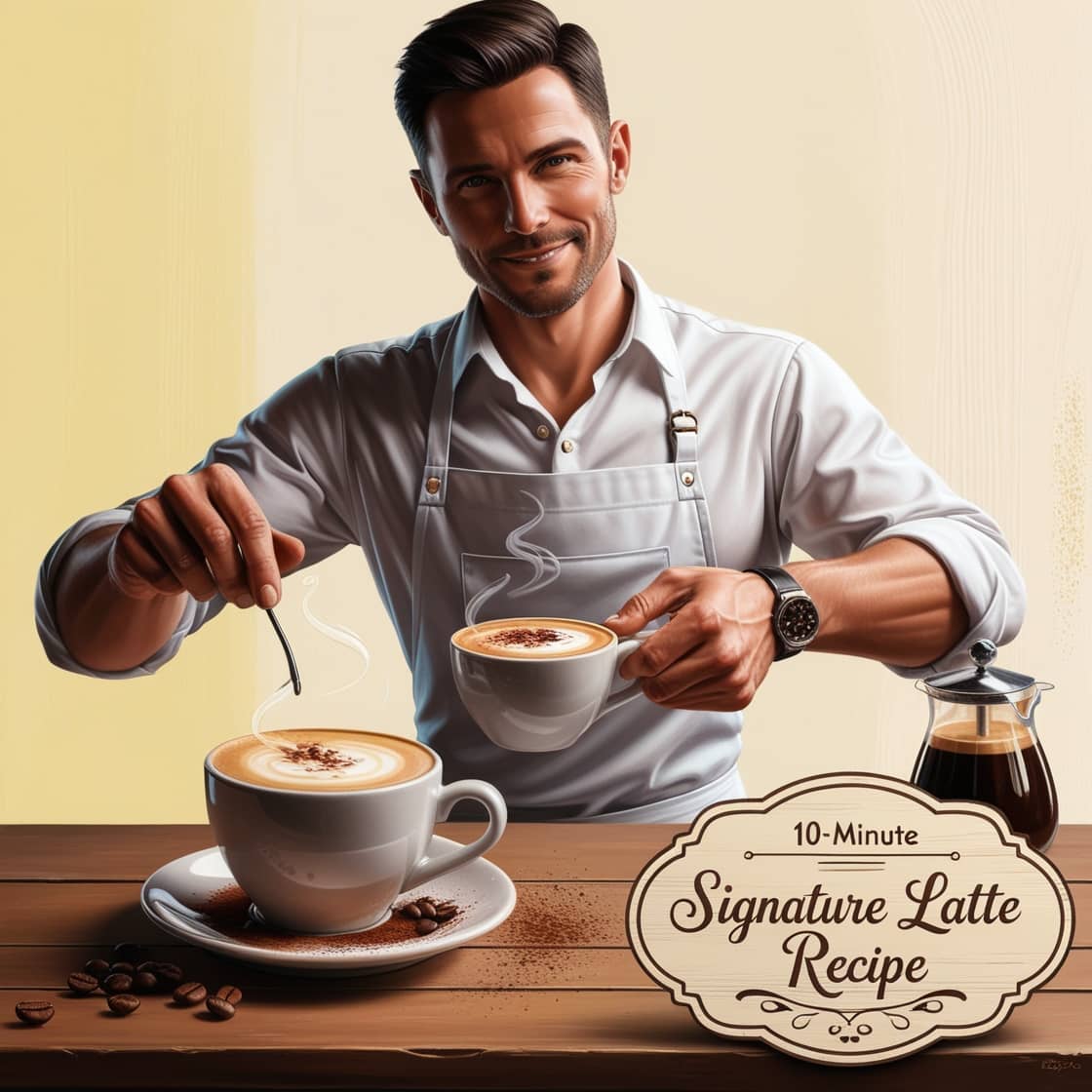 An illustrated barista in a white shirt and gray apron preparing lattes, with two coffee cups and a coffee press on a wooden counter, featuring a decorative '10-Minute Signature Latte Recipe' label.