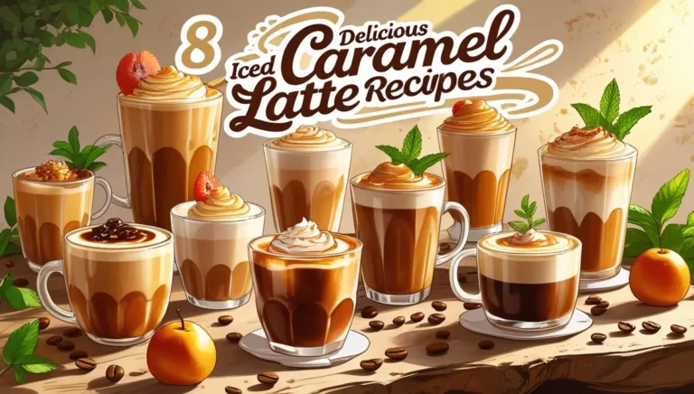 Illustrated collection of eight different iced caramel latte variations in clear glass cups, topped with whipped cream and garnishes, arranged on a wooden table with apricots, coffee beans, and mint leaves.