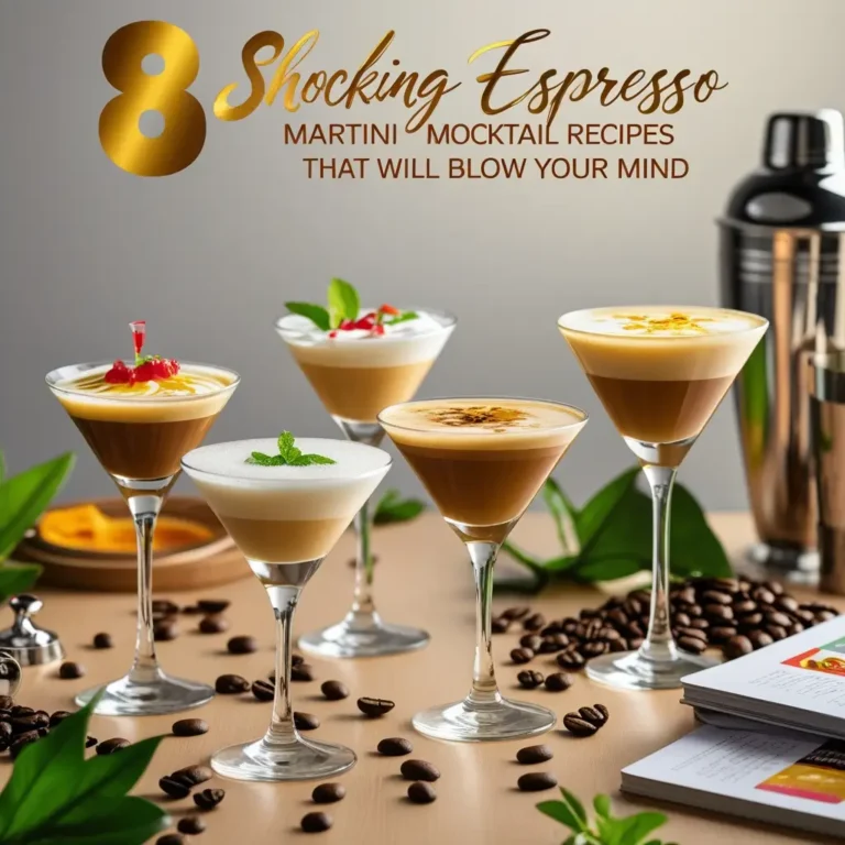 Five elegant espresso martini mocktails in martini glasses with layered coffee foam garnished with mint, berries, and coffee beans on wooden table with cocktail shaker
