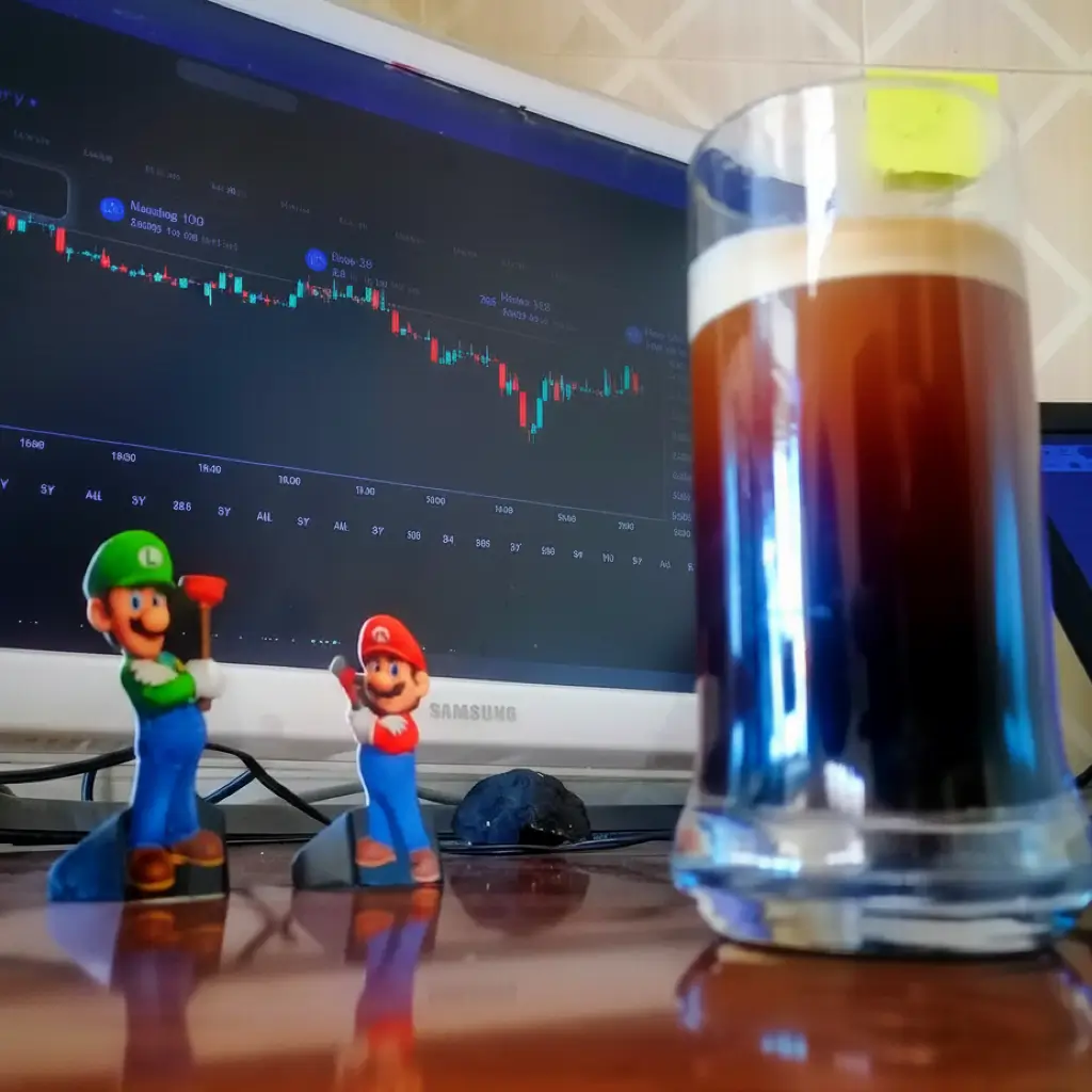What is an Americano - iced Americano coffee in glass on desk with computer screen and Mario figurines