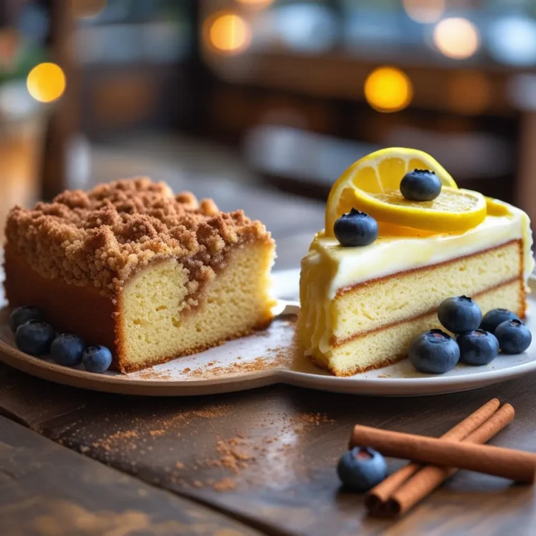 Two slices of free sugar coffee cake on wooden board - cinnamon streusel and lemon layer cake with blueberries, lemon slices, and cinnamon sticks with bokeh lights background